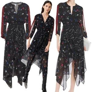 Maje Semi Sheer Floral Star Chiffon Crepe Slit Sleeve Handkerchief Midi Dress